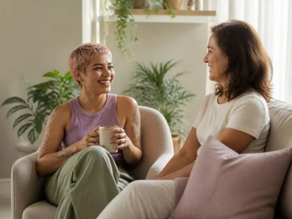 Jovem conversando com a mãe na sala