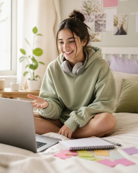 Adolescente sorrindo em frente ao notebook no quarto