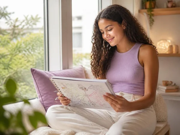 Jovem lendo um caderno de mapas mentais
