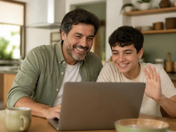 Pai e filho sorrindo diante do notebook