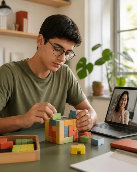 Adolescente montando um quebra-cabeça em frente ao notebook